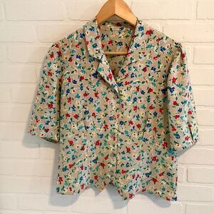 Vintage Button Down shirt Floral Cream Kelly green Red Blue Retro Coquette M